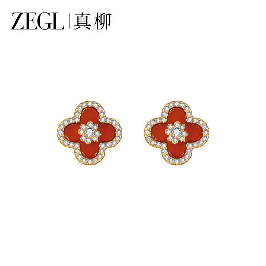 ZEGL天然红玛瑙四叶草耳钉女气质红色耳环925银针高级感新年耳饰 商品图0