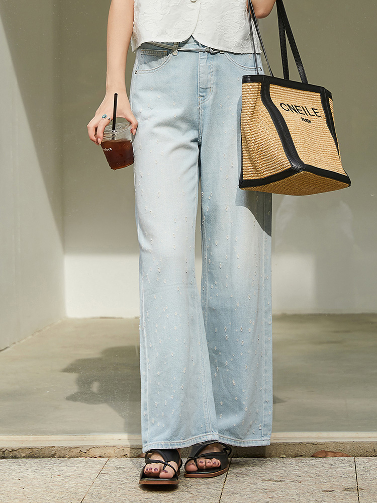 浅蓝水洗抽绳阔腿牛仔裤女 高腰垂感直筒裤 显瘦遮肉拖地长裤