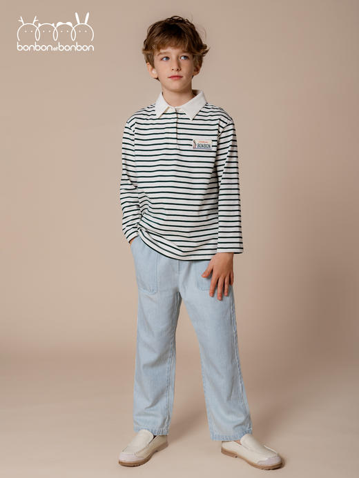 墨绿条度假感长袖T恤 商品图0