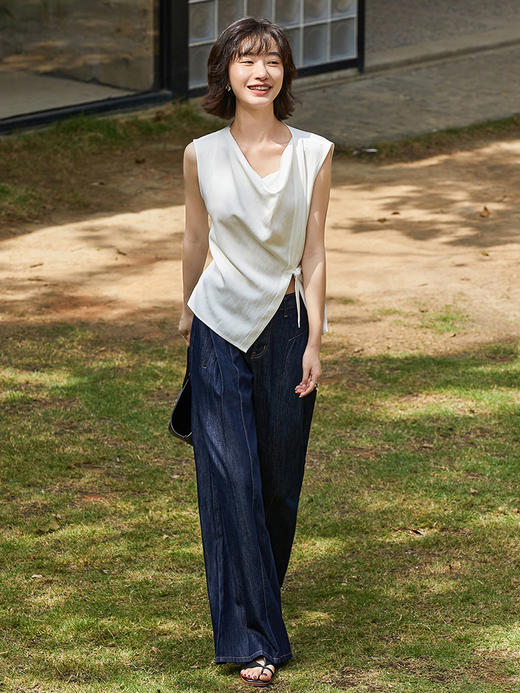 2026 夏季新款高腰阔腿牛仔裤女 复古深蓝垂感显瘦 小个子通勤百搭带腰带拖地裤 商品图1