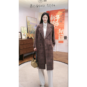 火桐hooton 典藏大衣 100山羊绒拉绒格纹长款大衣89336