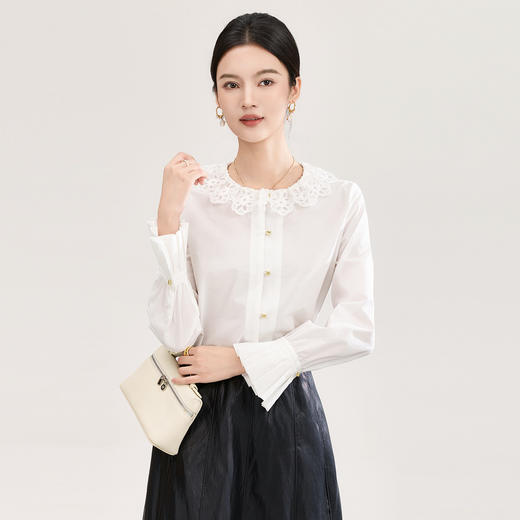 「高货wl」全新升级【铂金会员266/天猫359/差价93】(11505)洛诗琳法式蕾丝刺绣衬衫2026春季新款气质纯棉花瓣领上衣 商品图0