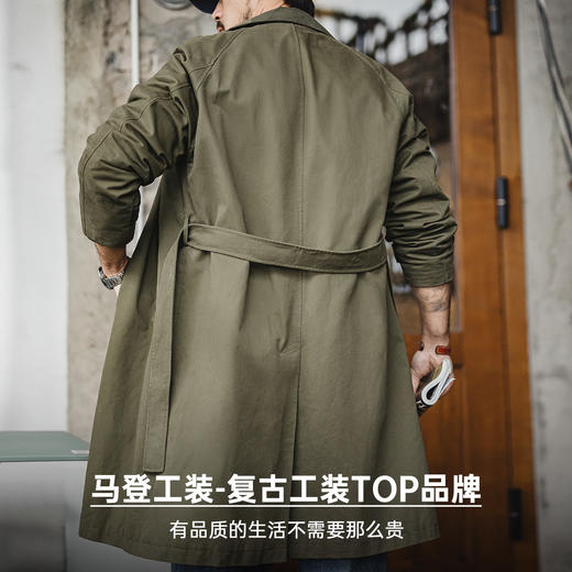 马登工装美式复古战壕风衣军绿色中长款翻领纯棉大衣外套男款春 商品图5