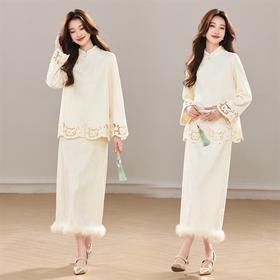 新款加厚丝绒小立领新中式镂空花真毛洋气显瘦气质两件套裙YBER630