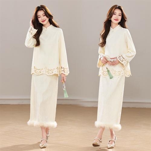 新款加厚丝绒小立领新中式镂空花真毛洋气显瘦气质两件套裙YBER630 商品图0