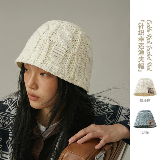 马登白色针织镂空编织毛线渔夫帽大头围圆顶水桶立体盆帽子女士春 商品图0