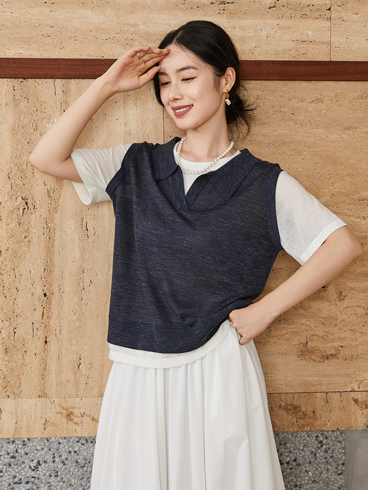 撞色假两件设计｜藏青 polo 领针织 T 恤，麻感透气宽松显瘦短袖