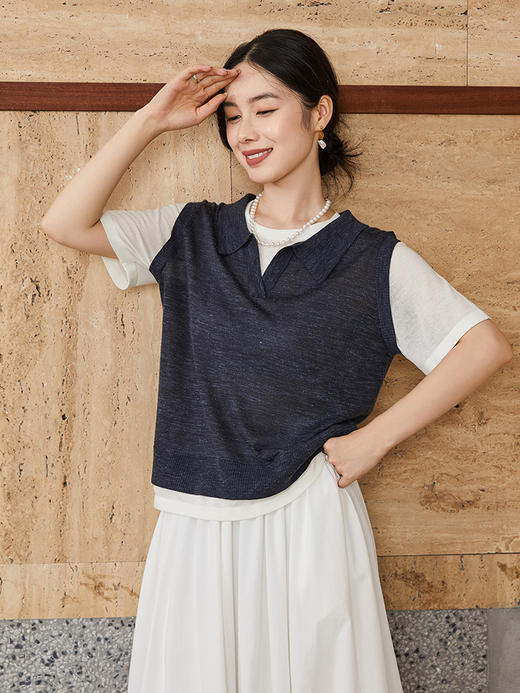 撞色假两件设计｜藏青 polo 领针织 T 恤，麻感透气宽松显瘦短袖 商品图0