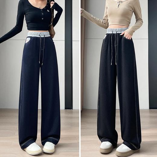 女款 【刺绣直筒牛仔裤阔腿裤25038款】秋冬新款 高腰宽松显瘦直筒撞色腰休闲阔腿裤 商品图3