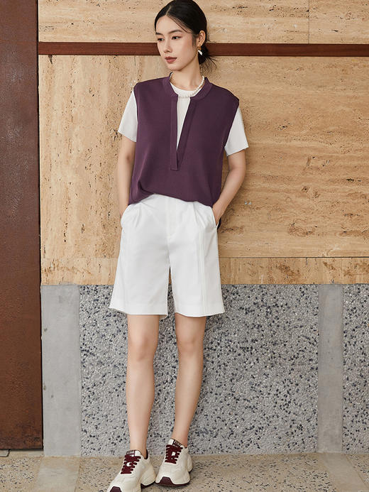 轻奢高级感假两件坑条针织衫女 安可拉红撞色 V 领短袖 T 恤 小个子通勤气质上衣 商品图1