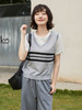 学院风假两件条纹针织衫 背心拼接短袖设计 复古减龄显瘦上衣 商品缩略图0