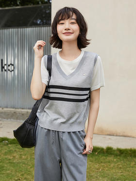 学院风假两件条纹针织衫 背心拼接短袖设计 复古减龄显瘦上衣