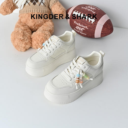 经典鲨2026年春专柜新品牛皮革透气厚底显高休闲鞋小白鞋女KW160-617051 商品图0