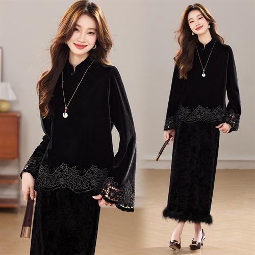 新款加厚丝绒小立领新中式镂空花真毛洋气显瘦气质两件套裙YBER630 商品图1
