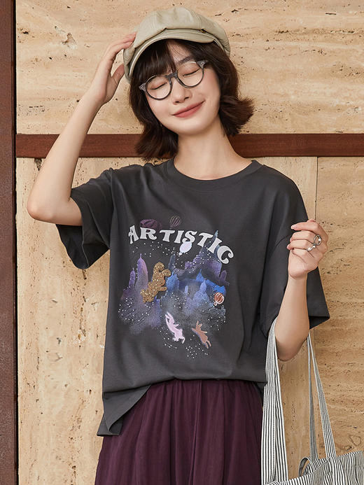 白色卡通兔子城堡印花短袖 T 恤女 2026 夏季新款宽松显瘦圆领百搭上衣 商品图0