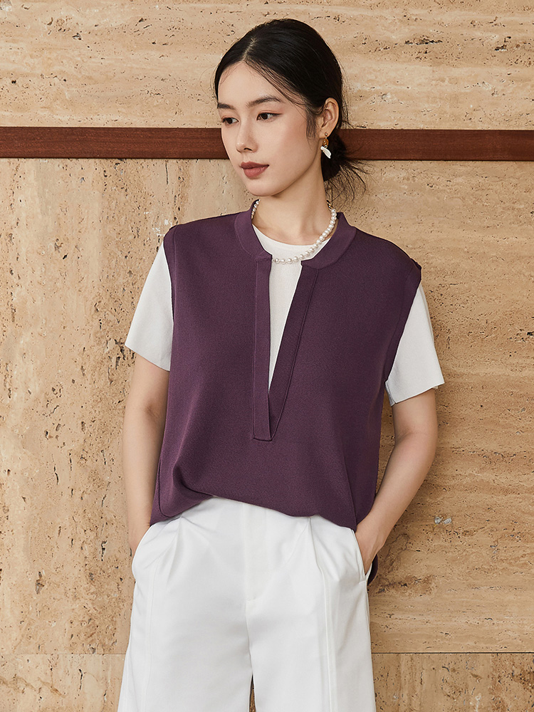 轻奢高级感假两件坑条针织衫女 安可拉红撞色 V 领短袖 T 恤 小个子通勤气质上衣