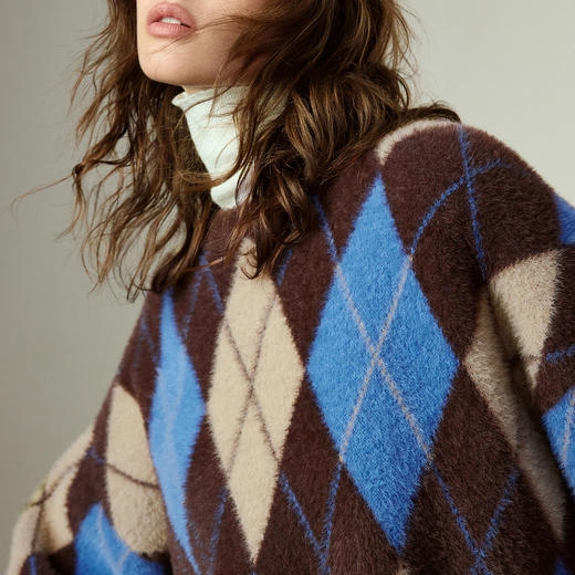 初语毛衣女冬季新款宽松圆领琥珀流光北欧风菱格仿貂毛上衣 商品图3