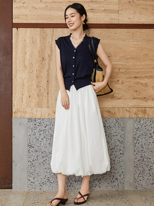 夏季新款深色针织马甲 毛边 V 领无袖透气显瘦单排扣外穿上衣 商品图2