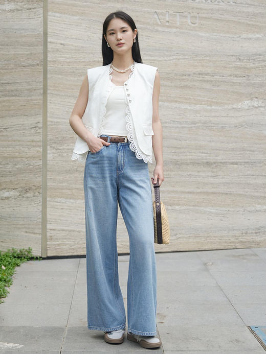 老钱风高腰浅蓝阔腿牛仔裤女夏季薄款垂感分割线宽松显瘦直筒拖地裤 商品图1