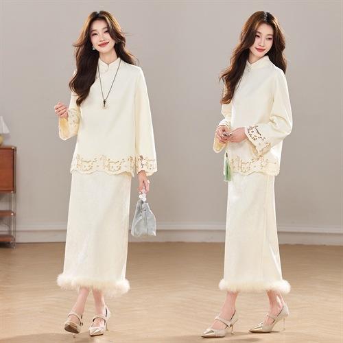 新款加厚丝绒小立领新中式镂空花真毛洋气显瘦气质两件套裙YBER630 商品图2