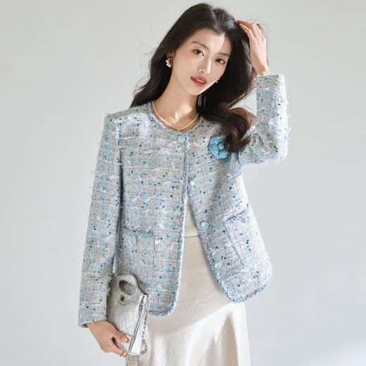 「高货sh」全新升级【铂金会员395/天猫529/差价134】(00319)洛诗琳蓝色重工亮片编织短外套2026春季气质小香风外套 商品图2