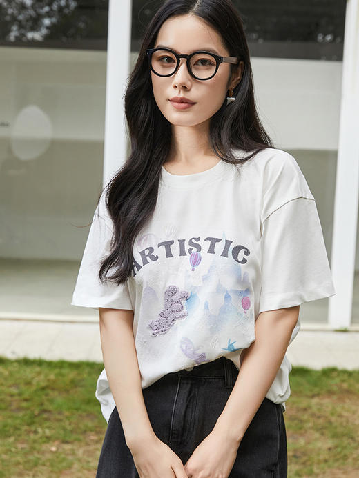 白色卡通兔子城堡印花短袖 T 恤女 2026 夏季新款宽松显瘦圆领百搭上衣 商品图1