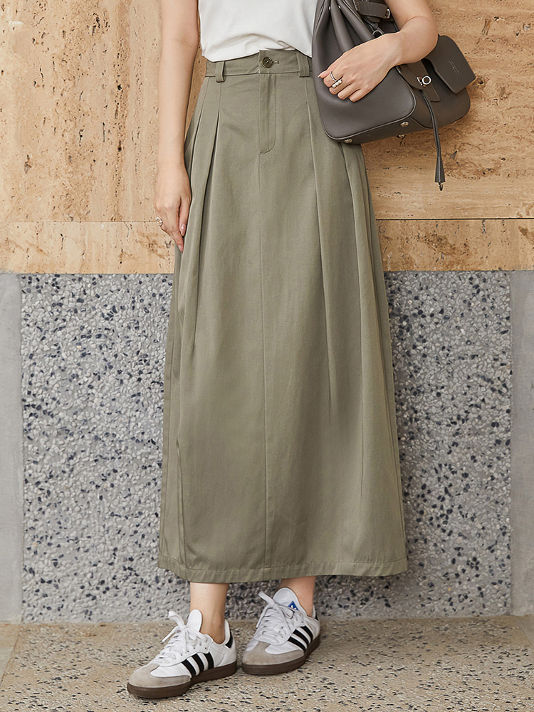 挺括垂感面料｜卡其绿高腰半身裙，打褶设计百搭显瘦休闲中长裙