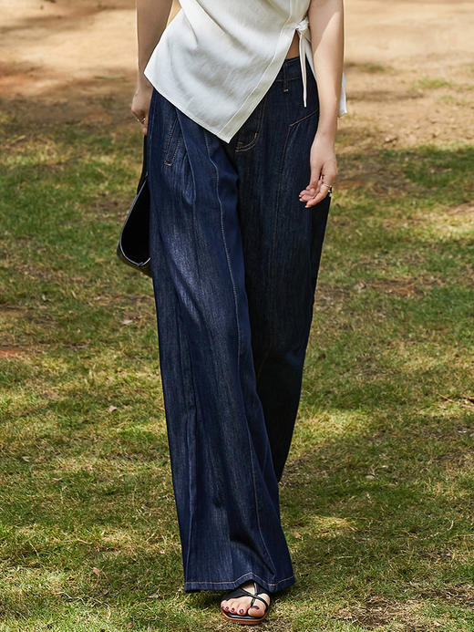 2026 夏季新款高腰阔腿牛仔裤女 复古深蓝垂感显瘦 小个子通勤百搭带腰带拖地裤 商品图0