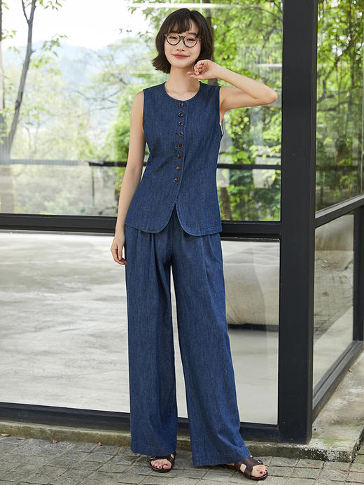 韩系慵懒风深蓝色牛仔阔腿裤女 高腰压褶垂感显瘦直筒休闲裤 小个子复古百搭九分裤 商品图1