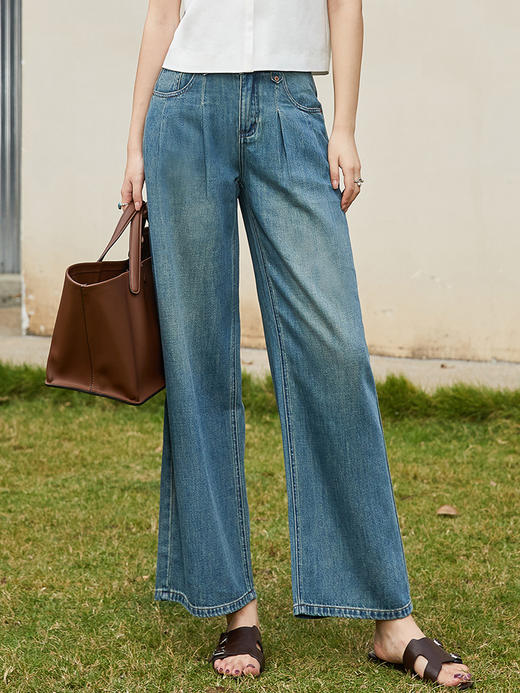 松弛感拉满！复古浅蓝高腰压褶阔腿牛仔裤 夏季垂感宽松显瘦直筒拖地长裤 商品图0