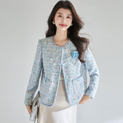 「高货sh」全新升级【铂金会员395/天猫529/差价134】(00319)洛诗琳蓝色重工亮片编织短外套2026春季气质小香风外套 商品图1