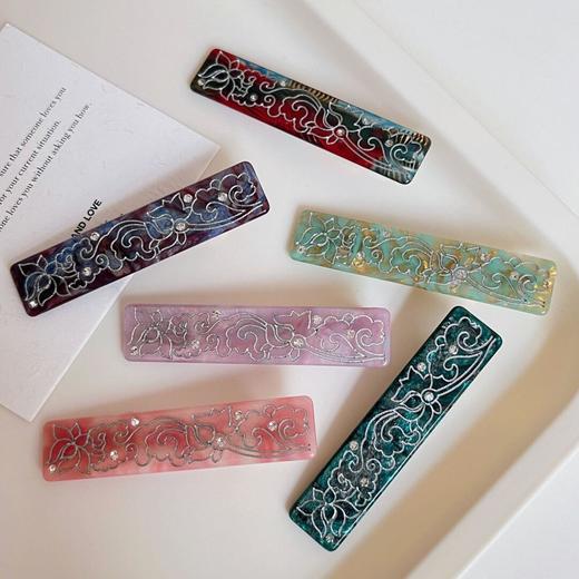 【云梦敦煌发夹】敦煌小众新中式荷花花纹水钻醋酸长方发夹一字夹复古国风发饰鸭嘴夹新款 商品图0