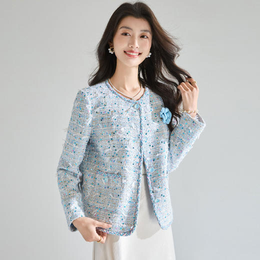 「高货sh」全新升级【铂金会员395/天猫529/差价134】(00319)洛诗琳蓝色重工亮片编织短外套2026春季气质小香风外套 商品图3