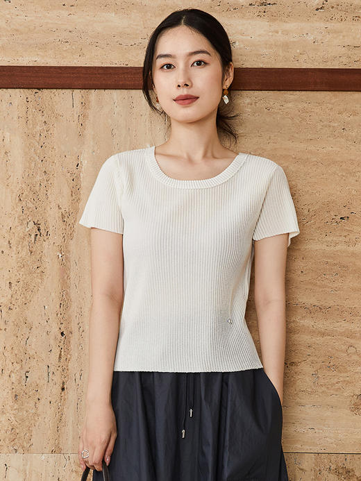 酒红色坑条针织短袖 T 恤女 夏季修身显瘦圆领薄款百搭弹力打底上衣 商品图0