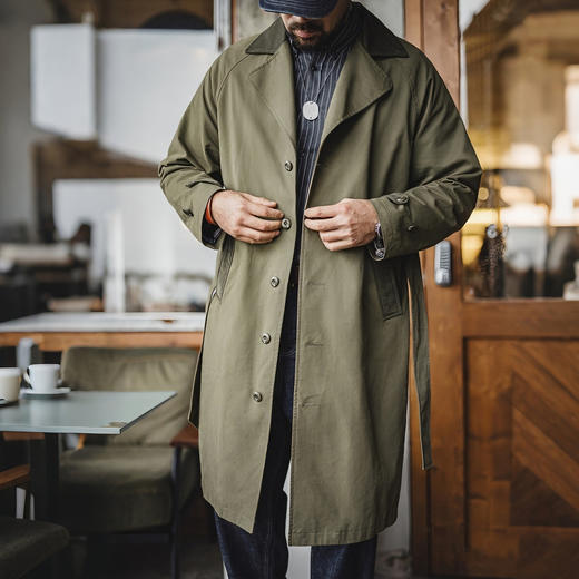 马登工装美式复古战壕风衣军绿色中长款翻领纯棉大衣外套男款春 商品图1