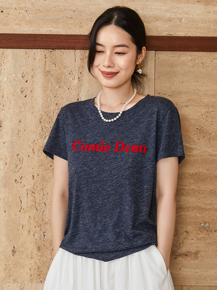 藏蓝色字母印花短袖 T 恤女 夏季简约圆领修身显瘦休闲百搭基础款上衣