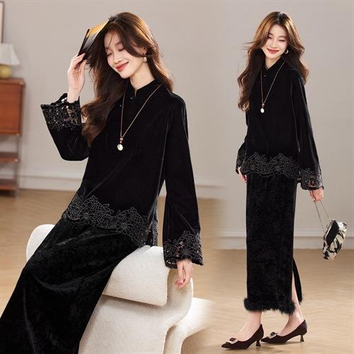 新款加厚丝绒小立领新中式镂空花真毛洋气显瘦气质两件套裙YBER630 商品图3