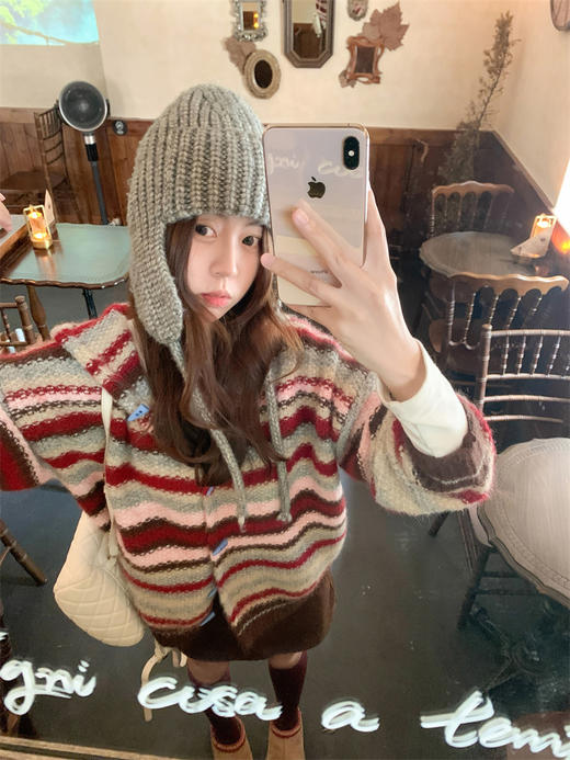 <曾小咸推荐> 韩系条纹连帽毛衣开衫 商品图7