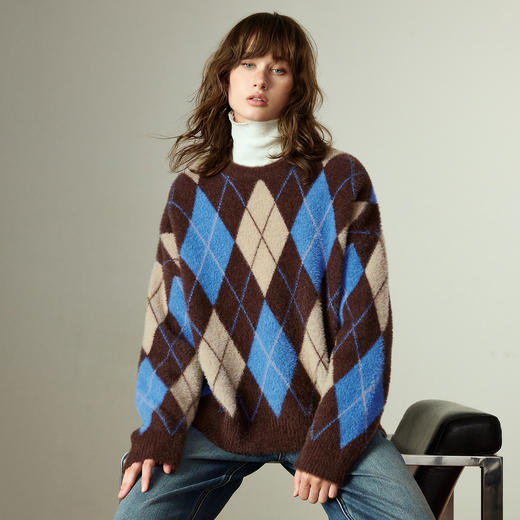 初语毛衣女冬季新款宽松圆领琥珀流光北欧风菱格仿貂毛上衣 商品图1