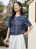 深蓝色牛仔短袖外套女 2026 新款 圆领单排扣多口袋短款开衫 小个子百搭上衣 商品缩略图1