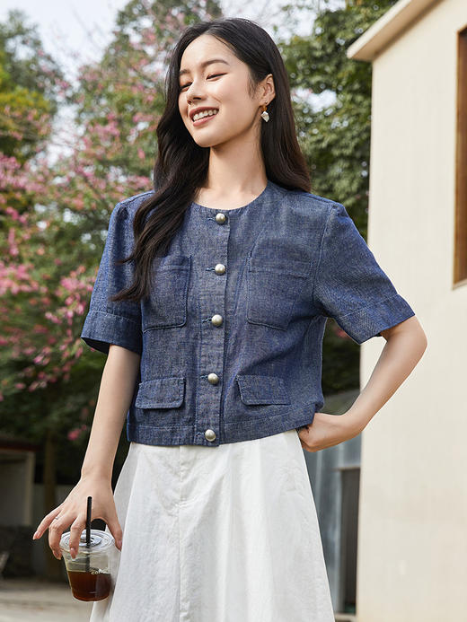 深蓝色牛仔短袖外套女 2026 新款 圆领单排扣多口袋短款开衫 小个子百搭上衣 商品图1