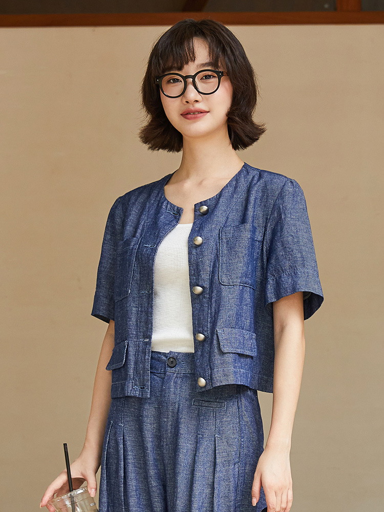 深蓝色牛仔短袖外套女 2026 新款 圆领单排扣多口袋短款开衫 小个子百搭上衣