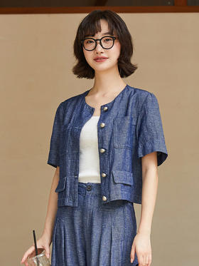 深蓝色牛仔短袖外套女 2026 新款 圆领单排扣多口袋短款开衫 小个子百搭上衣
