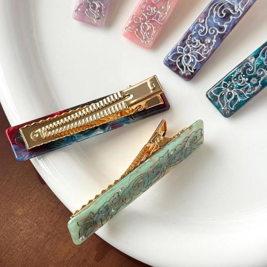 【云梦敦煌发夹】敦煌小众新中式荷花花纹水钻醋酸长方发夹一字夹复古国风发饰鸭嘴夹新款 商品图1