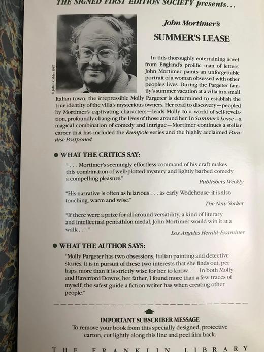 签名首版！约翰・莫蒂默《夏日的租约》 富兰克林图书馆豪华皮装本 商品图7