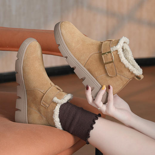 丁摩 磨砂皮雪地靴女防滑棉鞋冬季新款加绒靴一脚蹬套脚加厚棉鞋5ZF-956 商品图2
