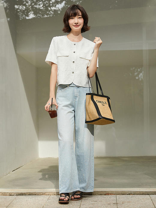 浅蓝水洗抽绳阔腿牛仔裤女 高腰垂感直筒裤 显瘦遮肉拖地长裤 商品图1