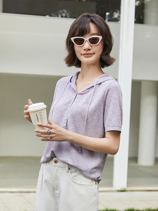 通勤百搭米白色连帽抽绳短袖针织衫女夏季薄款宽松显瘦针织衫上衣 商品图1