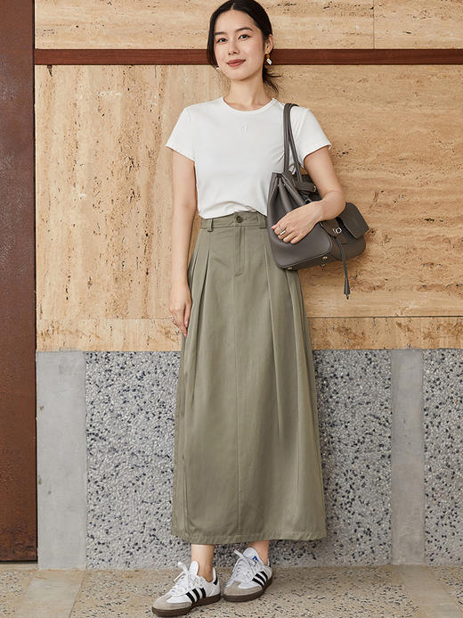 挺括垂感面料｜卡其绿高腰半身裙，打褶设计百搭显瘦休闲中长裙 商品图3