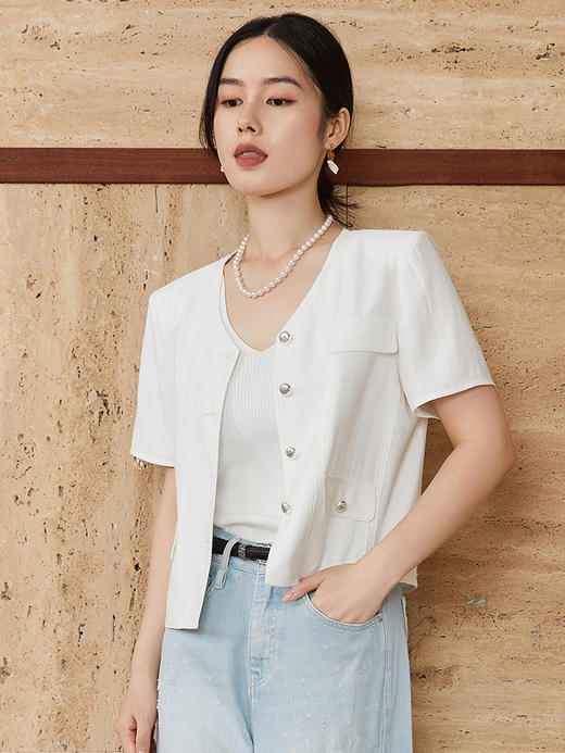 白色 V 领小香风短袖外套女 多口袋金属扣短款开衫 通勤显瘦气质上衣 商品图0